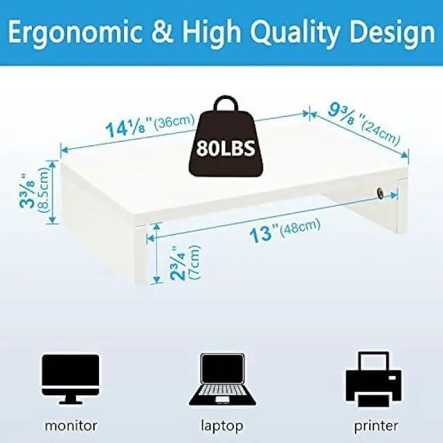 Alt view image 3 of 6 - TEAMIX 14.2 inch White Monitor Stand Riser, Wood Monitor Riser with Storage for Desk Small Monitor Stand TV/Screen/PC/Laptop Riser Computer Stand Desktop Shelf (White-14.2 inch)