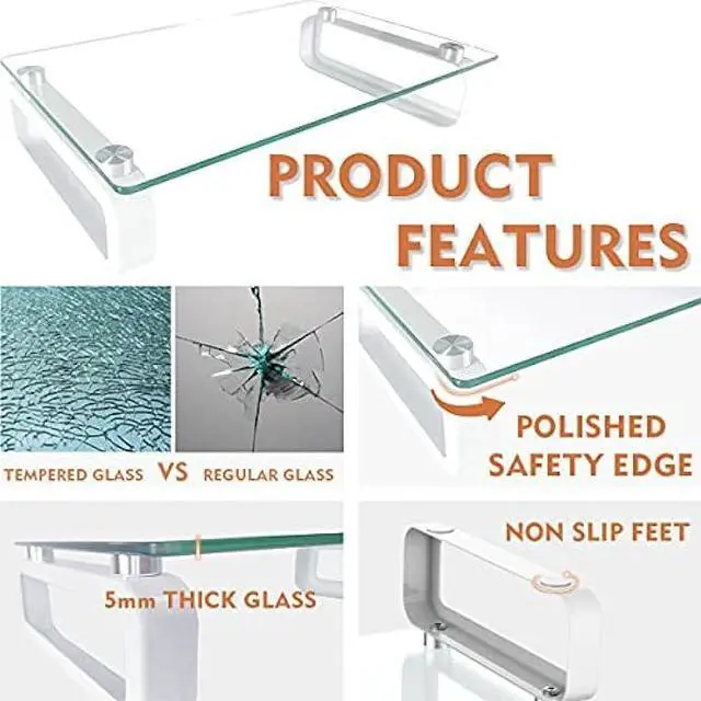 Alt view image 2 of 4 - Hemudu Clear Computer Monitor Stand Riser Multi Media Desktop Stand for Flat Screen LCD LED TV, Laptop/Notebook, with Tempered Glass and Metal Legs, HD02T-001