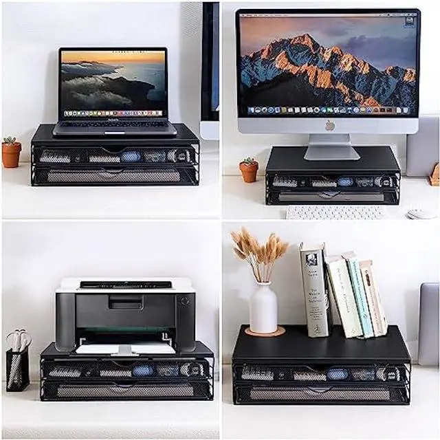 Alt view image 7 of 7 - ARCOBIS Wood Monitor Riser with Drawers, Mesh Metal Computer Monitor Stand Riser with Storage for Desk, Max Load Capacity 40LB, 2 Drawers and 1 Pen Holder, Black