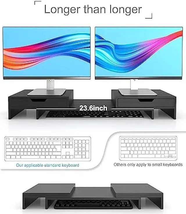 Alt view image 3 of 6 - Epesoware Dual Monitor Stand Riser with Adjustable Length and Angle, Bamboo Computer Riser with 2 Extra Drawers, Desk Organizer for Laptop, Computer No Assembly Required