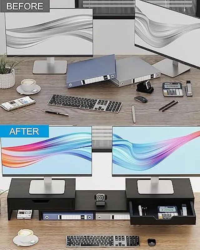 Alt view image 4 of 6 - Epesoware Dual Monitor Stand Riser with Adjustable Length and Angle, Bamboo Computer Riser with 2 Extra Drawers, Desk Organizer for Laptop, Computer No Assembly Required