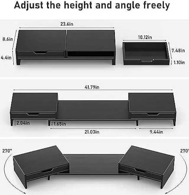 Alt view image 6 of 6 - Epesoware Dual Monitor Stand Riser with Adjustable Length and Angle, Bamboo Computer Riser with 2 Extra Drawers, Desk Organizer for Laptop, Computer No Assembly Required