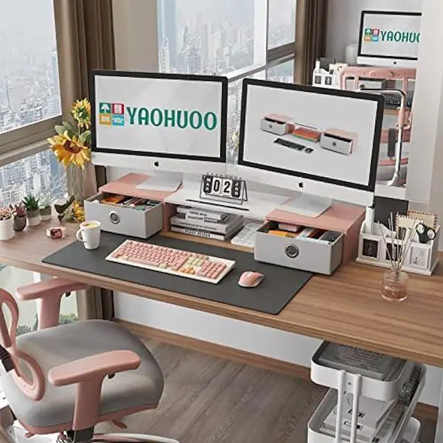Alt view image 2 of 7 - YAOHUOO Dual Monitor Stand with 2 Drawers, Computer Monitor Riser for 2 Monitors, Large Desktop Organzier with Storage for PC/Laptop/Computer/TV Screen/Printer,White & Pink