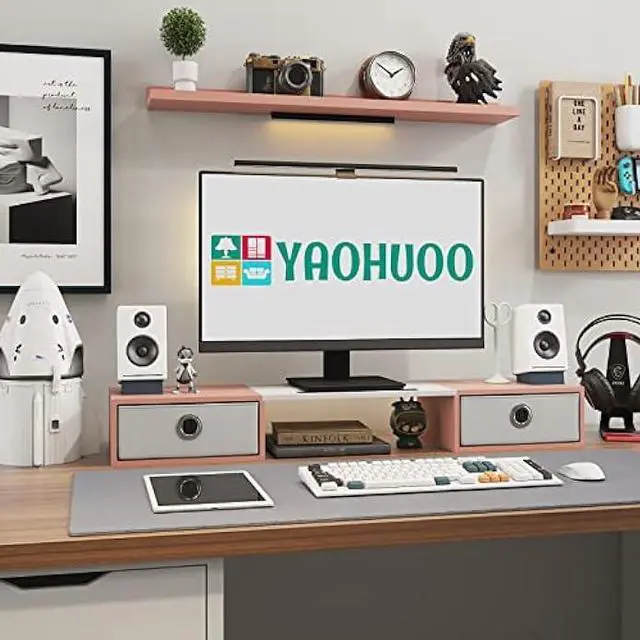 Alt view image 3 of 7 - YAOHUOO Dual Monitor Stand with 2 Drawers, Computer Monitor Riser for 2 Monitors, Large Desktop Organzier with Storage for PC/Laptop/Computer/TV Screen/Printer,White & Pink