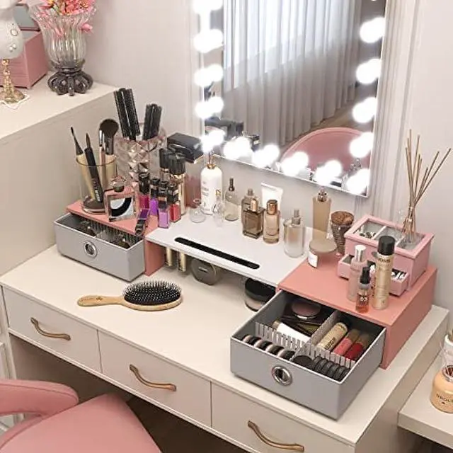 Alt view image 5 of 7 - YAOHUOO Dual Monitor Stand with 2 Drawers, Computer Monitor Riser for 2 Monitors, Large Desktop Organzier with Storage for PC/Laptop/Computer/TV Screen/Printer,White & Pink