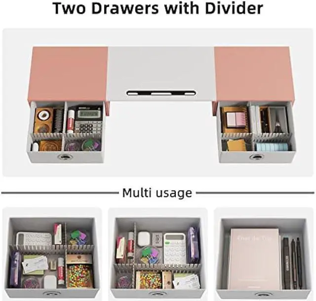 Alt view image 4 of 7 - YAOHUOO Dual Monitor Stand with 2 Drawers, Computer Monitor Riser for 2 Monitors, Large Desktop Organzier with Storage for PC/Laptop/Computer/TV Screen/Printer,White & Pink