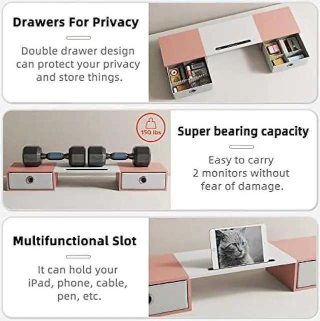 Alt view image 6 of 7 - YAOHUOO Dual Monitor Stand with 2 Drawers, Computer Monitor Riser for 2 Monitors, Large Desktop Organzier with Storage for PC/Laptop/Computer/TV Screen/Printer,White & Pink