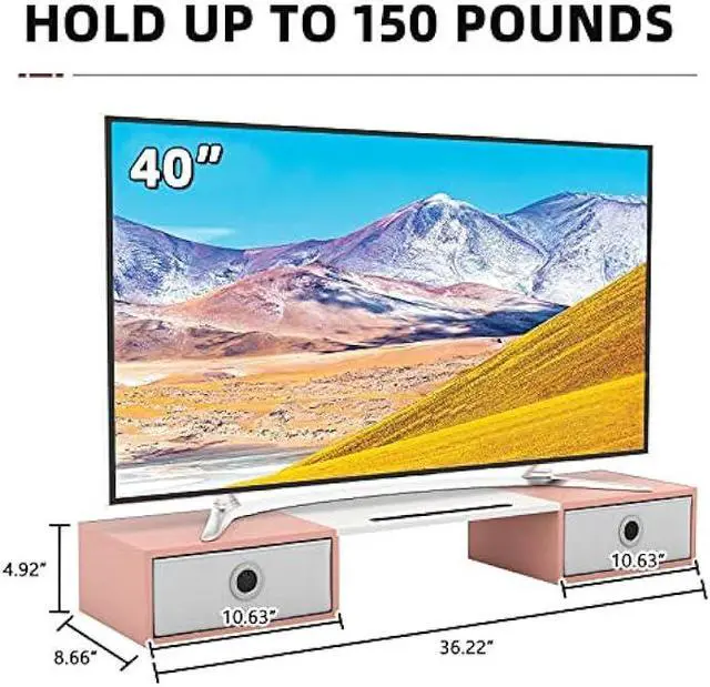 Alt view image 7 of 7 - YAOHUOO Dual Monitor Stand with 2 Drawers, Computer Monitor Riser for 2 Monitors, Large Desktop Organzier with Storage for PC/Laptop/Computer/TV Screen/Printer,White & Pink