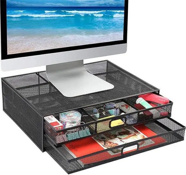 Main image of Monitor Stand with Drawer, Monitor Stand, Monitor Riser Mesh Metal, Desk Organizer, Monitor Stand with Storage, Desktop Computer Stand for PC, Laptop, Printer - HUANUO