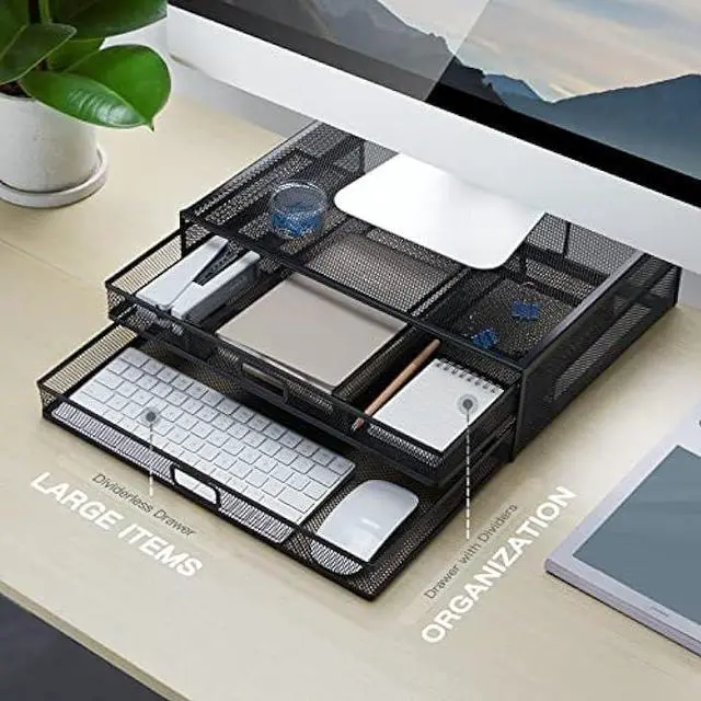 Alt view image 3 of 6 - Monitor Stand with Drawer, Monitor Stand, Monitor Riser Mesh Metal, Desk Organizer, Monitor Stand with Storage, Desktop Computer Stand for PC, Laptop, Printer - HUANUO