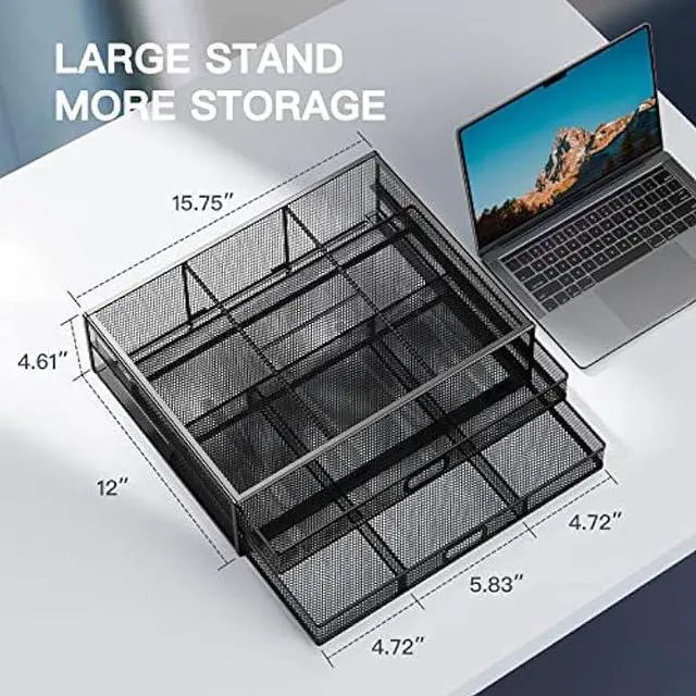 Alt view image 5 of 6 - Monitor Stand with Drawer, Monitor Stand, Monitor Riser Mesh Metal, Desk Organizer, Monitor Stand with Storage, Desktop Computer Stand for PC, Laptop, Printer - HUANUO