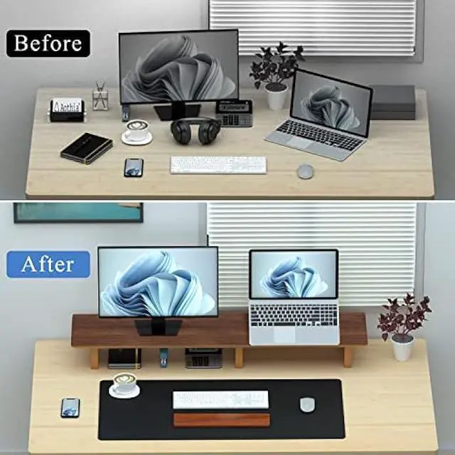 Alt view image 5 of 6 - Aothia Large Dual Monitor Stand Riser, Solid Wood Desk Shelf with Eco Cork Legs for Laptop Computer/TV/PC/Printers, Perfect Desktop Stands Organizer with Underneath Storage for Office Accessories