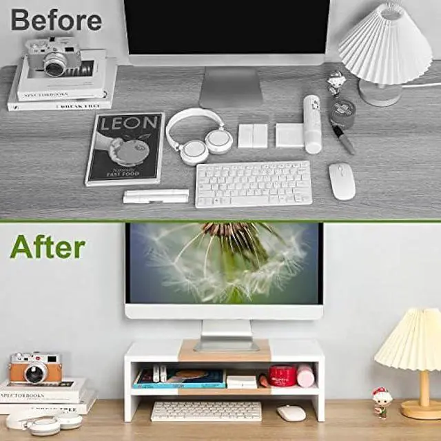 Alt view image 6 of 7 - TEAMIX 2 Tiers Desktop Monitor Stand Riser 20 Inch Printer Stand with Storage Small TV Riser Laptop Wooden Desk Organizer Shelf Bookshelf Maple (White+Maple, 2 Tiers)