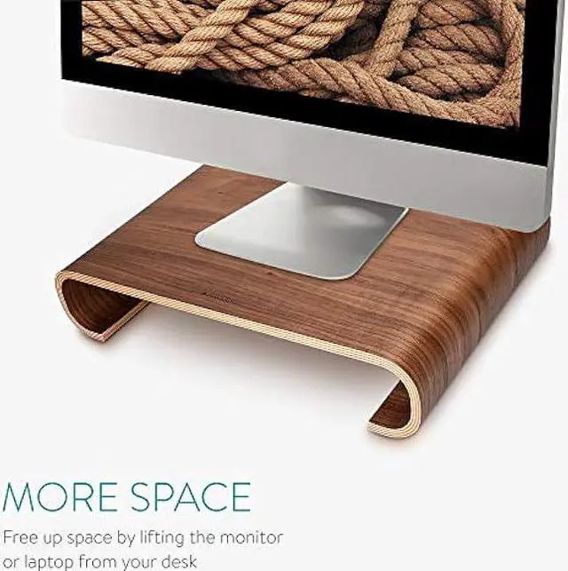 Alt view image 3 of 5 - Navaris Wood Monitor Stand Riser - Computer Desk Organizer Desktop Dock Wooden Mount Display for PC TV Screen Notebook Laptop - Walnut