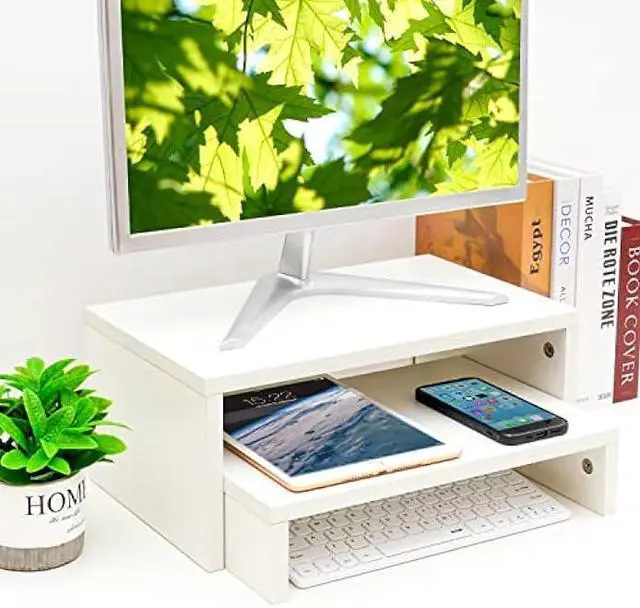 Alt view image 2 of 6 - TEAMIX Adjustable White Monitor Stand Riser-2 Pack,Wood 2 Tier Adjustable Monitor Stand Dual Monitor Riser for 2 Monitors/Laptop/PC Computer Stand for Desk