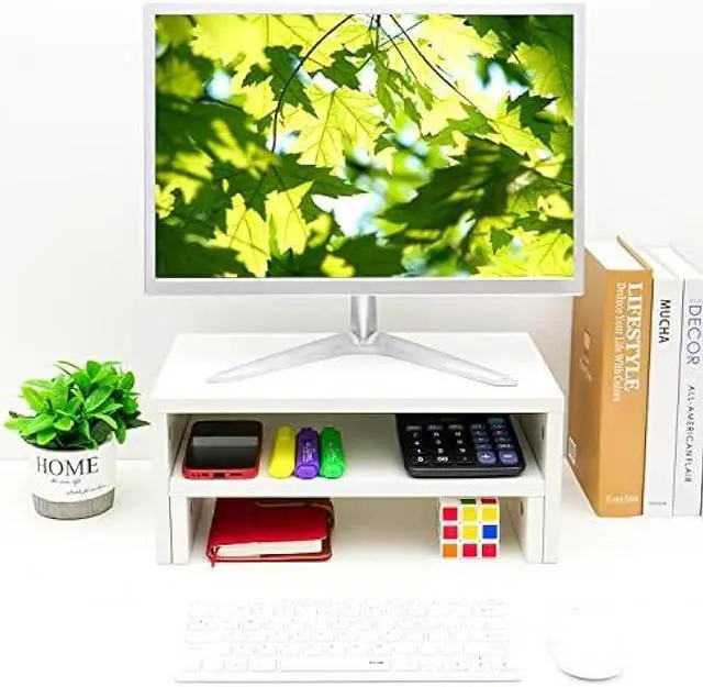 Alt view image 5 of 6 - TEAMIX Adjustable White Monitor Stand Riser-2 Pack,Wood 2 Tier Adjustable Monitor Stand Dual Monitor Riser for 2 Monitors/Laptop/PC Computer Stand for Desk