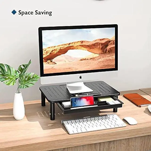 Alt view image 2 of 7 - BONTEC 2 Pack Monitor Stand Riser with Drawer, 3 Height Adjustable PC Monitor Riser for Desk with Mesh Platform for Laptop, Computer, iMac, PC, Printer up to 44LBS/20KG, Cable Ties Included