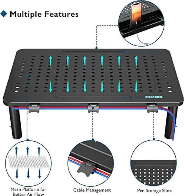 Alt view image 3 of 7 - BONTEC 2 Pack Monitor Stand Riser with Drawer, 3 Height Adjustable PC Monitor Riser for Desk with Mesh Platform for Laptop, Computer, iMac, PC, Printer up to 44LBS/20KG, Cable Ties Included