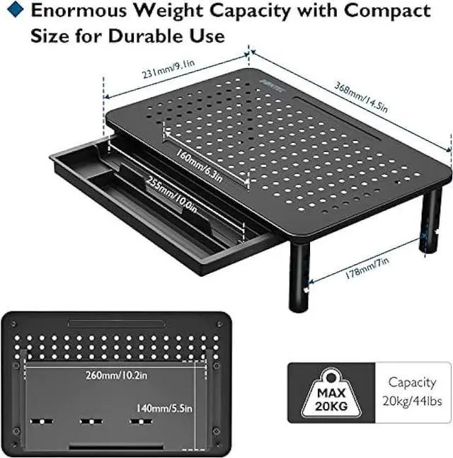 Alt view image 5 of 7 - BONTEC 2 Pack Monitor Stand Riser with Drawer, 3 Height Adjustable PC Monitor Riser for Desk with Mesh Platform for Laptop, Computer, iMac, PC, Printer up to 44LBS/20KG, Cable Ties Included
