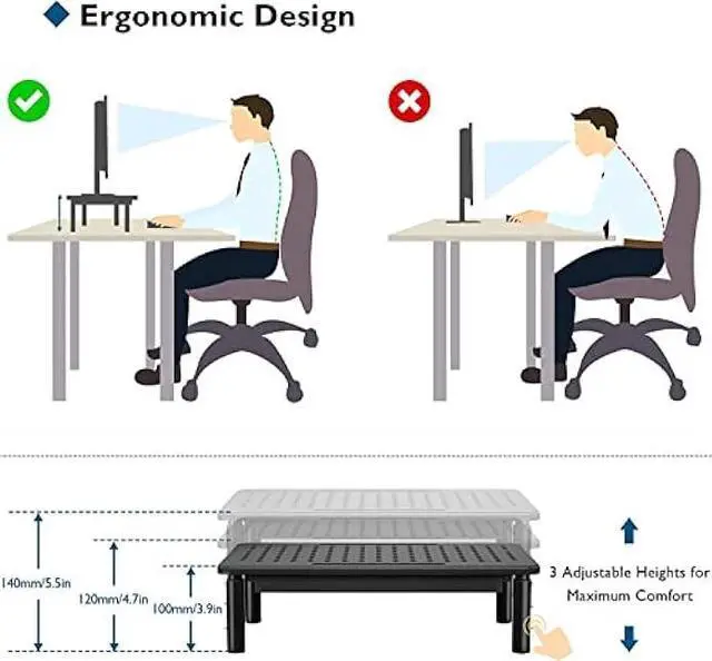 Alt view image 6 of 7 - BONTEC 2 Pack Monitor Stand Riser with Drawer, 3 Height Adjustable PC Monitor Riser for Desk with Mesh Platform for Laptop, Computer, iMac, PC, Printer up to 44LBS/20KG, Cable Ties Included