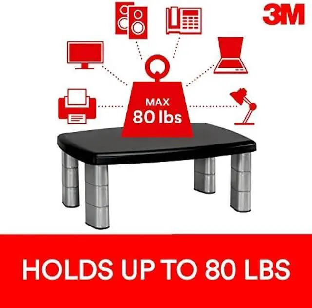 Alt view image 5 of 7 - 3M Adjustable Monitor Stand, Three Leg Segments Simply Adjust Height From 1 to 5 7/8, Sturdy Platform Holds Up to 80 lbs, 11-inch Space Between Columns for Storage, Silver/Black (MS80B)
