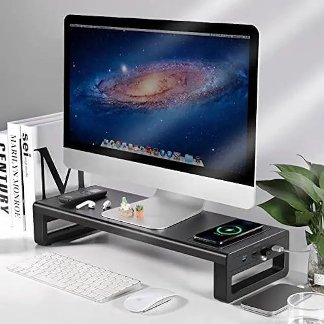 Alt view image 5 of 6 - Vaydeer USB3.0 Wireless Charging Aluminum Monitor Stand Riser Support Transfer Data and Charging,Keyboard and Mouse Storage Desk Organizer up to 27inch for Computer MacBook PC (Black