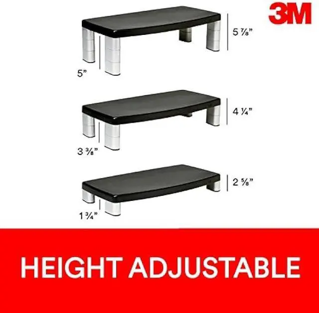Alt view image 3 of 7 - 3M Extra Wide Adjustable Monitor Stand, Three Leg Segments Simply Adjust Height from 1 to 5 7/8, Sturdy Platform Holds Up to 40 lbs, 16-inch Space Between Columns for Storage, Silver/Black (MS90B)