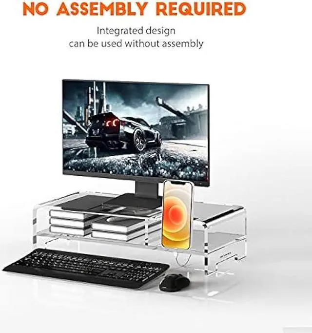 Alt view image 2 of 5 - BEYGORM Acrylic Monitor Stand Riser, Wide 20, 2 Tier Computer with Storage, Desk Organizer Desktop Printer Laptop Storage Shelf Screen Holder Phone Holder(Clear)