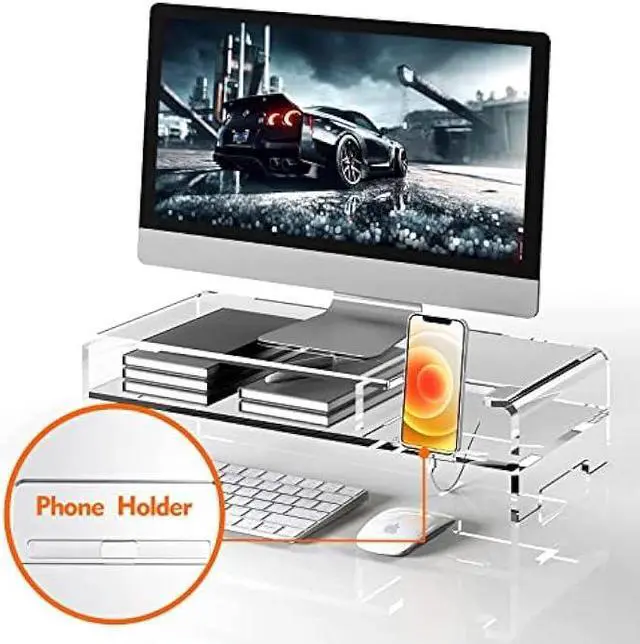 Alt view image 3 of 5 - BEYGORM Acrylic Monitor Stand Riser, Wide 20, 2 Tier Computer with Storage, Desk Organizer Desktop Printer Laptop Storage Shelf Screen Holder Phone Holder(Clear)