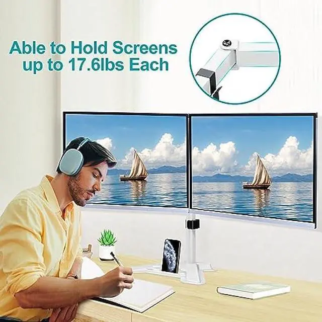 Alt view image 2 of 7 - MOUNT PRO Dual Monitor Stand - Free Standing Full Motion Monitor Desk Mount Fits 2 Screens up to 27 inches,17.6lbs with Height Adjustable, Swivel, Tilt, Rotation, VESA 75x75 100x100,White