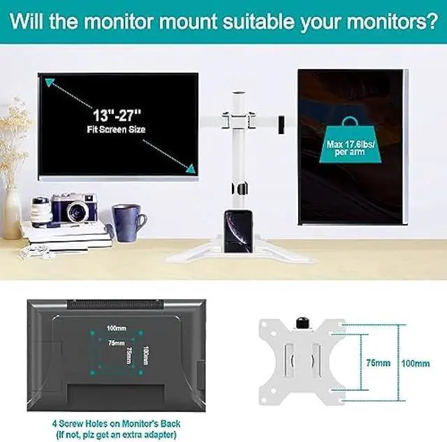 Alt view image 6 of 7 - MOUNT PRO Dual Monitor Stand - Free Standing Full Motion Monitor Desk Mount Fits 2 Screens up to 27 inches,17.6lbs with Height Adjustable, Swivel, Tilt, Rotation, VESA 75x75 100x100,White