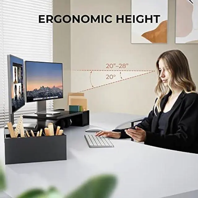 Alt view image 2 of 6 - LORYERGO Dual Monitor Stand Riser, Laptop Stand with Storage Accessories Slots, Length and Angle Adjustable Computer Stand, Desktop Stand with Storage Organizer for Computer, Laptop, Printer