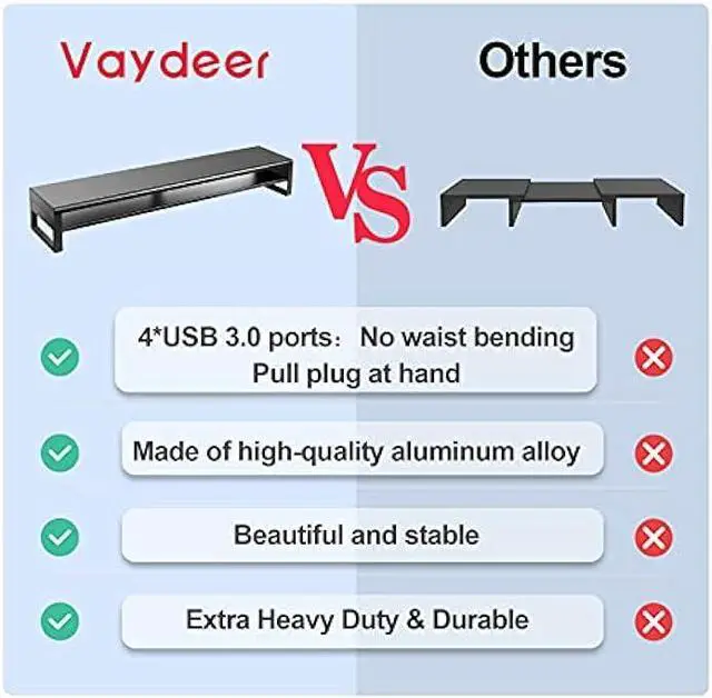 Alt view image 4 of 7 - Vaydeer 2 Tiers Dual Monitor Stand USB 3.0 Aluminum Monitor Riser Strong & Sturdy Suitable for Computer,PC Monitor, Laptop, TV, Printer Metal Desk Organizer Black