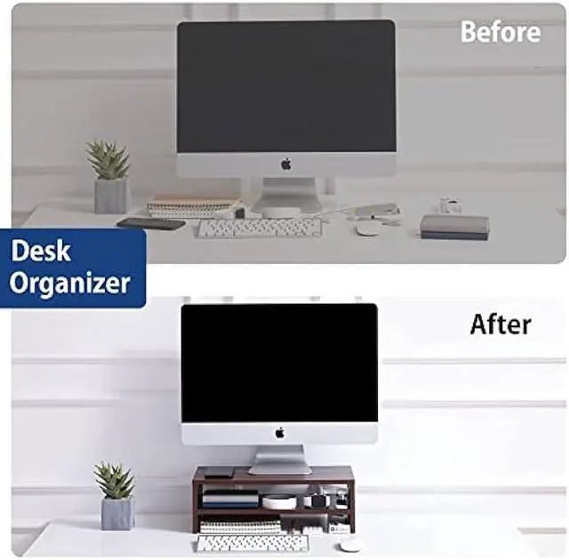 Alt view image 4 of 7 - FITUEYES Monitor Stand - 2 Tier Computer Monitor Riser with 16.7 Inch Shelf, Wood Desktop Stand for Laptop Computer Screen, Desk Organization, Office Supplies, Brown, DT204203WB