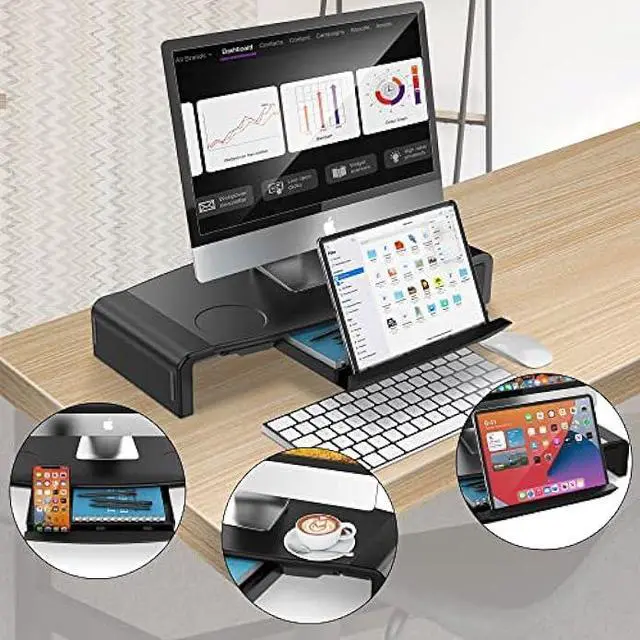 Alt view image 6 of 6 - AboveTEK Monitor Stand Riser, Foldable Computer Monitor Riser with Drawer, Height Adjustable Computer Monitor Stands and Risers, Phone Stand for PC, Desktop, Laptop, Printer Save Space (Black)