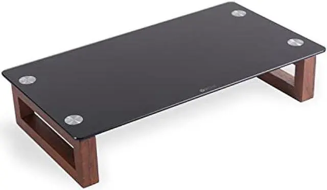 Main image of YEOUX Black Glass Computer Monitor Stand Riser with Wooden Base for Flat Screen LCD, LED TV, Laptop, Printer, Multi Media Desktop Stand, Office Supplies Desk Organization