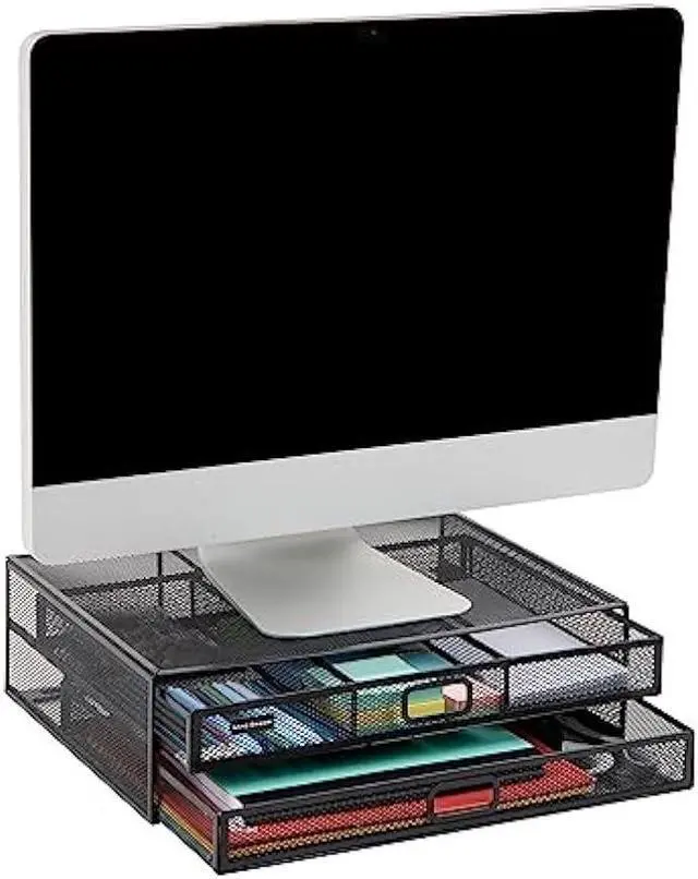 Main image of Mind Reader Network Collection, Monitor Stand with 2-Drawer File Storage, Desk Organizer, Metal Mesh, Multi-Purpose, 15.75L x 11.75W x 4.5H, Black