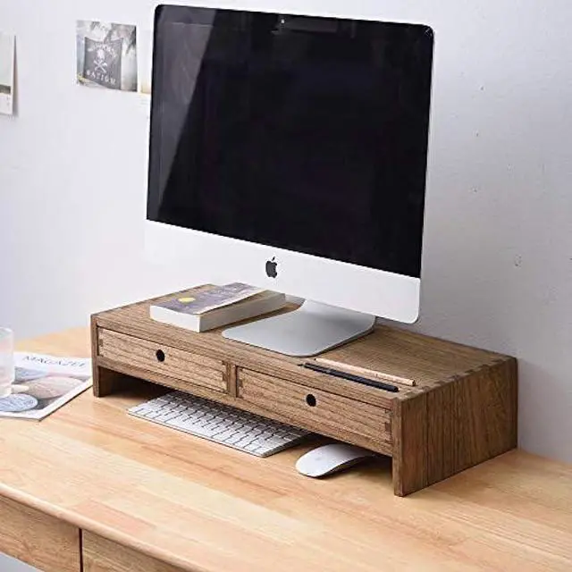 Alt view image 2 of 7 - KIRIGEN Wood Monitor Stand with 2 Drawers - Computer Arm Riser Desk Storage Organizer,Speaker TV Laptop Printer Stand with Pen Slot and Cable Management,Dark Brown Desktop Shelf for Office DBR-2PMJ