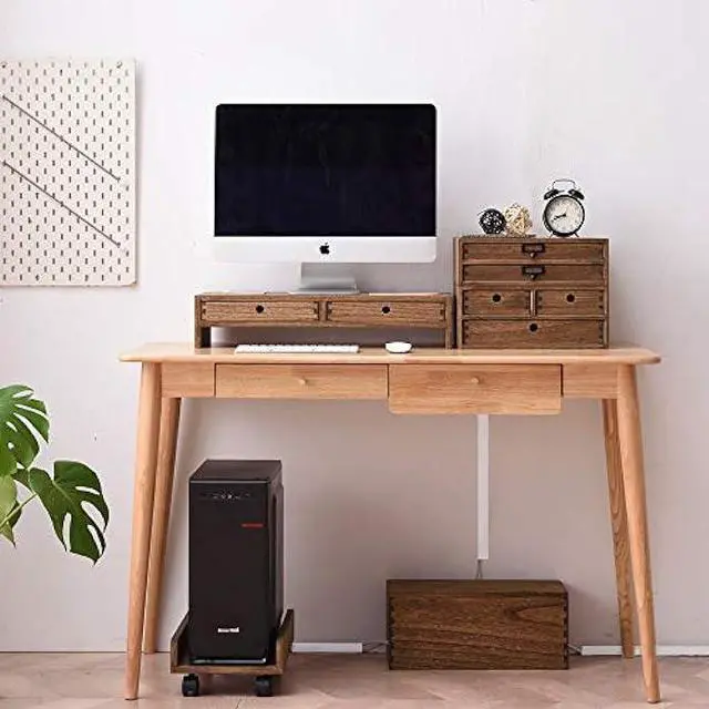 Alt view image 4 of 7 - KIRIGEN Wood Monitor Stand with 2 Drawers - Computer Arm Riser Desk Storage Organizer,Speaker TV Laptop Printer Stand with Pen Slot and Cable Management,Dark Brown Desktop Shelf for Office DBR-2PMJ