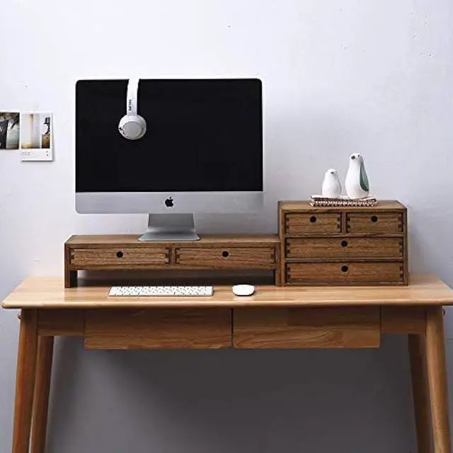 Alt view image 3 of 7 - KIRIGEN Wood Monitor Stand with 2 Drawers - Computer Arm Riser Desk Storage Organizer,Speaker TV Laptop Printer Stand with Pen Slot and Cable Management,Dark Brown Desktop Shelf for Office DBR-2PMJ