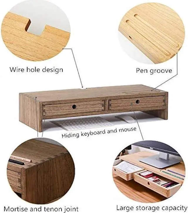 Alt view image 6 of 7 - KIRIGEN Wood Monitor Stand with 2 Drawers - Computer Arm Riser Desk Storage Organizer,Speaker TV Laptop Printer Stand with Pen Slot and Cable Management,Dark Brown Desktop Shelf for Office DBR-2PMJ
