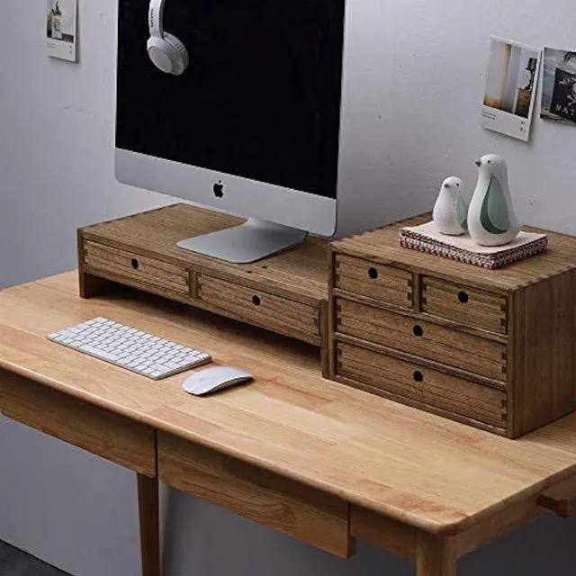 Alt view image 7 of 7 - KIRIGEN Wood Monitor Stand with 2 Drawers - Computer Arm Riser Desk Storage Organizer,Speaker TV Laptop Printer Stand with Pen Slot and Cable Management,Dark Brown Desktop Shelf for Office DBR-2PMJ