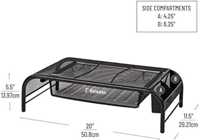 Alt view image 3 of 6 - Mind Reader Network Collection, Monitor Stand, 33lb. Capacity 3, Paper Tray and 2 Side Storage Compartments, Desktop Organizer, Metal Mesh, Set of 2, 20 L x 11.5 W x 5.5 H, Black 2 Pack
