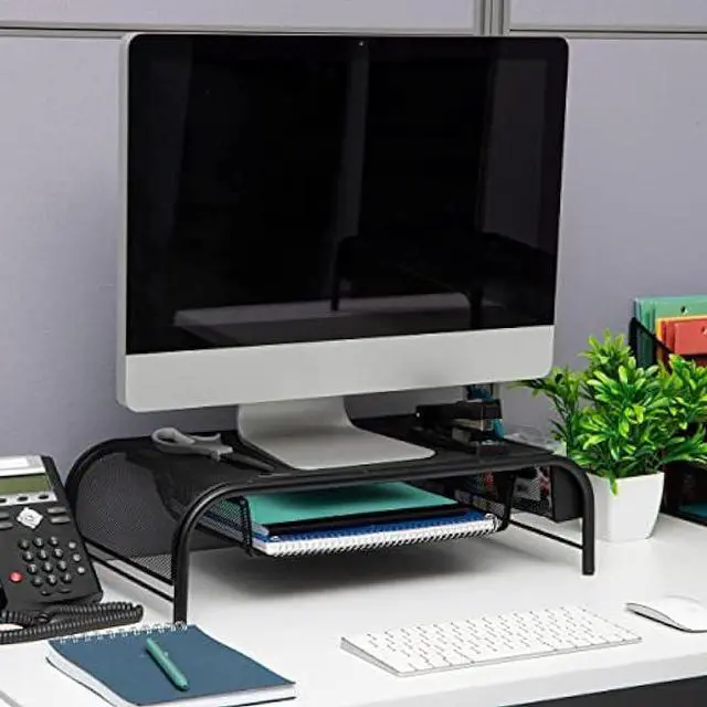 Alt view image 2 of 6 - Mind Reader Network Collection, Monitor Stand, 33lb. Capacity 3, Paper Tray and 2 Side Storage Compartments, Desktop Organizer, Metal Mesh, Set of 2, 20 L x 11.5 W x 5.5 H, Black 2 Pack