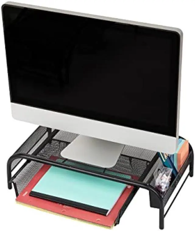 Alt view image 4 of 6 - Mind Reader Network Collection, Monitor Stand, 33lb. Capacity 3, Paper Tray and 2 Side Storage Compartments, Desktop Organizer, Metal Mesh, Set of 2, 20 L x 11.5 W x 5.5 H, Black 2 Pack