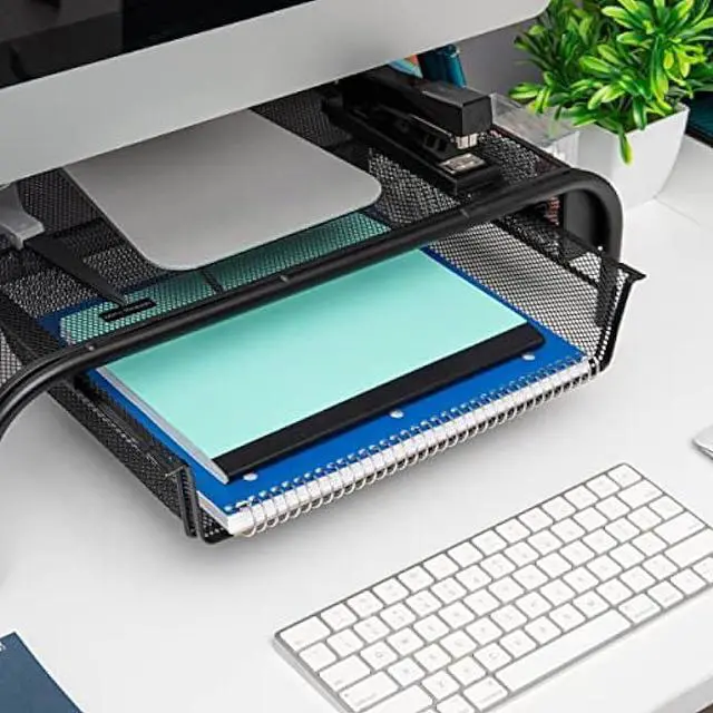 Alt view image 6 of 6 - Mind Reader Network Collection, Monitor Stand, 33lb. Capacity 3, Paper Tray and 2 Side Storage Compartments, Desktop Organizer, Metal Mesh, Set of 2, 20 L x 11.5 W x 5.5 H, Black 2 Pack