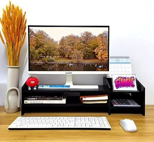 Alt view image 2 of 7 - KUAIYU Computer Monitor Riser,Monitor Stand,2 Tier Wooden Computer Monitor Stands with Two Layer Storage Rack,Black Desktop Monitor Stand for PC/Laptop,Home & Office Desktop Organizer