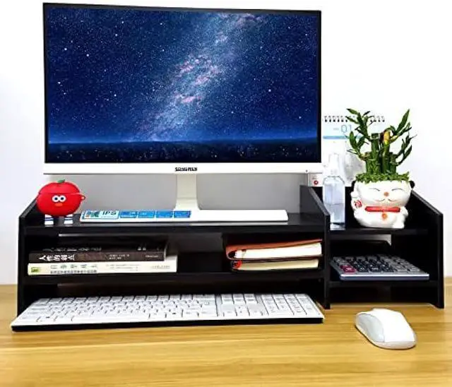 Alt view image 3 of 7 - KUAIYU Computer Monitor Riser,Monitor Stand,2 Tier Wooden Computer Monitor Stands with Two Layer Storage Rack,Black Desktop Monitor Stand for PC/Laptop,Home & Office Desktop Organizer