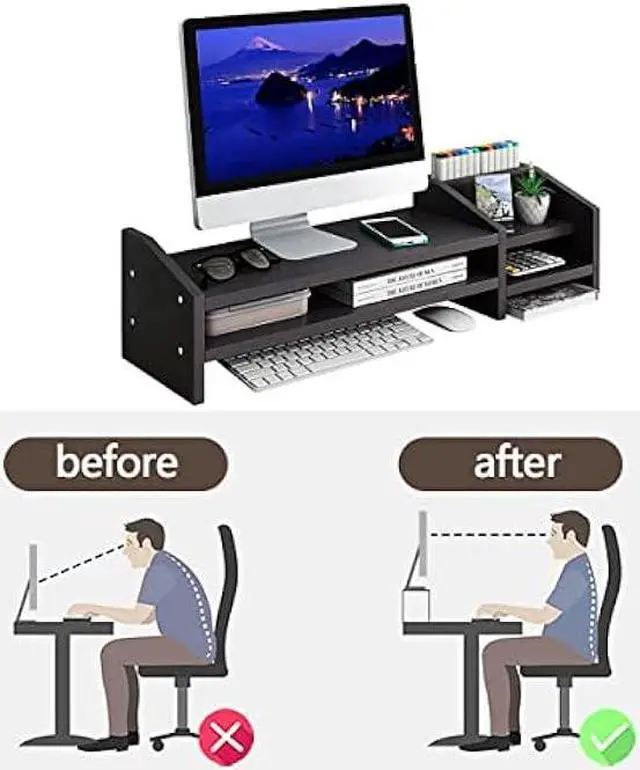 Alt view image 5 of 7 - KUAIYU Computer Monitor Riser,Monitor Stand,2 Tier Wooden Computer Monitor Stands with Two Layer Storage Rack,Black Desktop Monitor Stand for PC/Laptop,Home & Office Desktop Organizer