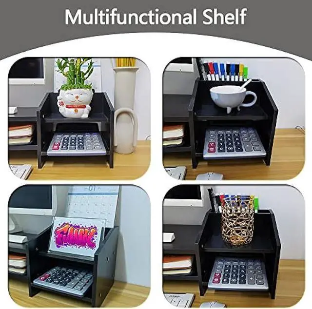 Alt view image 6 of 7 - KUAIYU Computer Monitor Riser,Monitor Stand,2 Tier Wooden Computer Monitor Stands with Two Layer Storage Rack,Black Desktop Monitor Stand for PC/Laptop,Home & Office Desktop Organizer